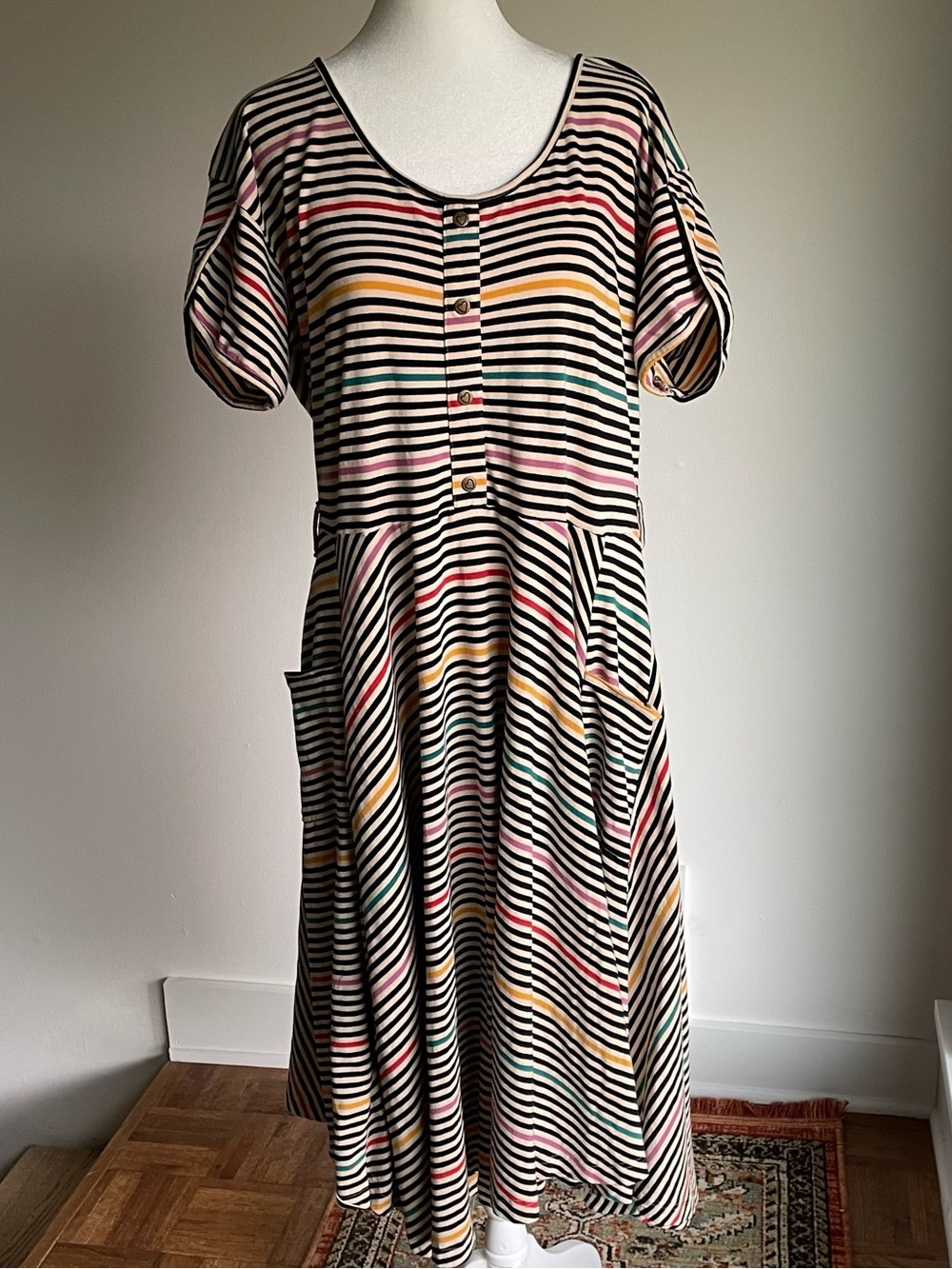 Effie's Heart Retro Striped A-line Midi Dress with Pockets in Plus Size 1X / XL